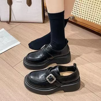 Винтажные туфли на толстом каблуке в студенческом стиле, осень 2024 г., новые кожаные туфли на толстой подошве в британском стиле, женские туфли с круглым носком 35 коричневый