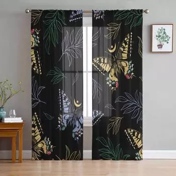 Винтажные тюлевые шторы с бабочками и растениями для гостиной, прозрачные занавески для спальни, кухни, жалюзи, вуаль, шторы 135W x 114H(cm)