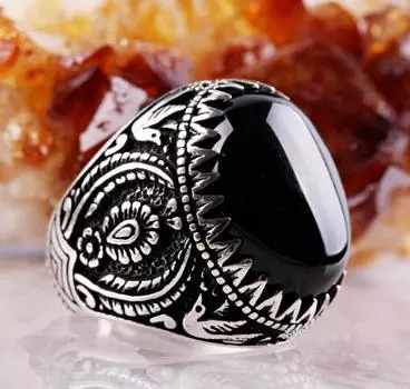 Винтажные турецкие кольца-печатки ручной работы для мужчин, металлические серебряные кольца в стиле панк, инкрустированные черным камнем, байкерские кольца 7