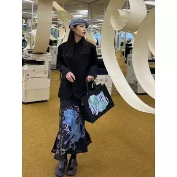 Винтажные юбки, женская модная юбка с разрезом Jupe 2024, Faldas Mujer De Moda, туника трапециевидной формы с принтом, одежда Y2k S синий