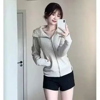 Винтажные укороченные толстовки женские корейский стиль уличная серая толстовка с капюшоном на молнии повседневная тонкая рубашка с капюшоном XS