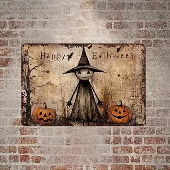 Винтажные украшения на Хэллоуин. Алюминиевая вывеска в деревенском стиле с милой, но страшной ведьмой и тыквами, идеально подходящая для вашего фермерского дома. чёрный
