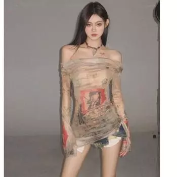 Винтажные уличные футболки женские американские ретро-футболки в стиле Харадзюку с нестандартным принтом на одно плечо футболки топы летние S хаки