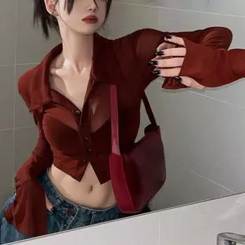 Винтажные уличные укороченные блузки Deeptown, женские однотонные сексуальные прозрачные сетчатые топы, женские облегающие рубашки с длинными рукавами S красный
