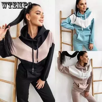 Винтажные утепленные брюки, комплект из 2 предметов, женский спортивный костюм, спортивные штаны, повседневные теплые флисовые толстовки с капюшоном, костюмы S розовый