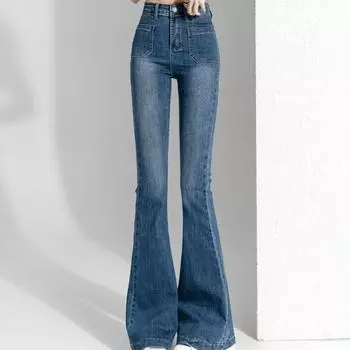 Винтажные узкие джинсы с высокой талией, длинные брюки, слегка расклешенные прямые брюки S синий