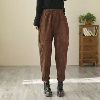 Винтажные вельветовые брюки с высокой талией, женские уличные повседневные женские шаровары, утолщенные теплые женские брюки S коричневый