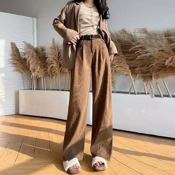 Винтажные вельветовые женские брюки с высокой талией, кофейные широкие брюки, осенние повседневные корейские офисные женские брюки XL чёрный