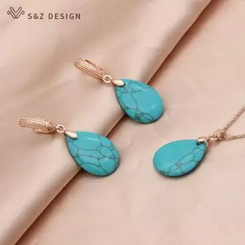Винтажные висячие серьги цвета розового золота с каплями воды, синтетические бирюзовые серьги, комплекты ювелирных изделий для женщин, свадебные украшения