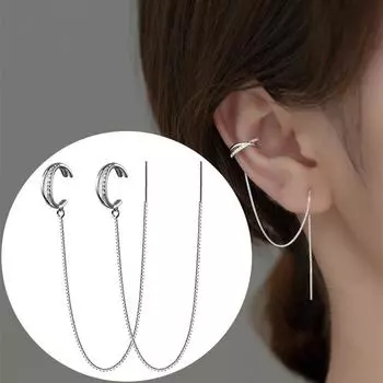 Винтажные висячие серьги с подвеской и длинной цепочкой, зажим для ушей для женщин, серебряные серьги, ювелирные изделия 1 Pairs