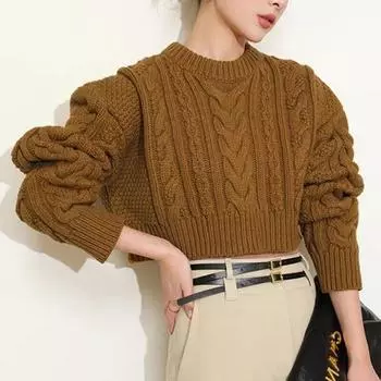 Винтажные вязаные пуловеры, женские утепленные свитера, осенне-зимние сексуальные короткие топы с круглым воротником, однотонная повседневная свободная одежда 28464 One Size орион