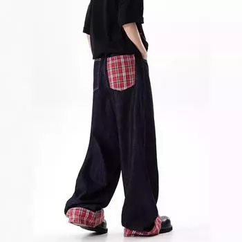 Винтажные вымытые клетчатые сращенные рулонные темные мужские и женские джинсы прямые потертые брюки 2XL синий