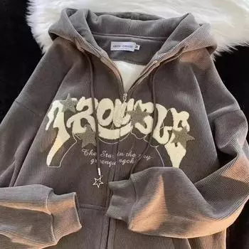 Винтажные вышитые буквы толстовки женские осень зима молнии толстовки женские повседневные с длинным рукавом женские топы уличная одежда S серый