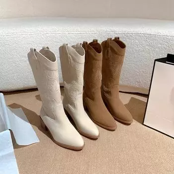 Винтажные вышитые ковбойские сапоги в стиле вестерн с V-образным вырезом, тонкие, длинные байкерские сапоги на высоком каблуке, высокие сапоги на толстом каблуке для женщин 35