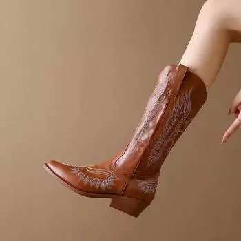Винтажные вышитые ковбойские сапоги женские 2024 осень острый нос толстый каблук вестерн сапоги женские коричневые искусственная кожа высокие сапоги до колена 35 чёрный