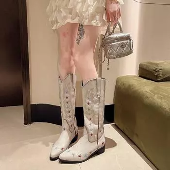 Винтажные вышитые остроконечные ковбойские сапоги в стиле вестерн женские летние 2024 года новые толстые каблуки универсальные рыцарские сапоги высокие сапоги с рукавами 35