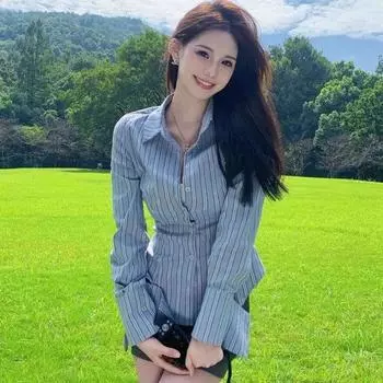 Винтажные вышитые полосатые рубашки женские Y2k сексуальные тонкие топы с длинным рукавом и лацканами женские Harajuku универсальные уличные блузки на пуговицах M синий