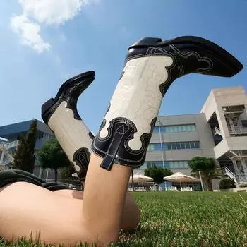 Винтажные вышитые сапоги ковбойши Модные женские сапоги в стиле вестерн с острым носком До середины голени ковбойские панк-женские туфли 35