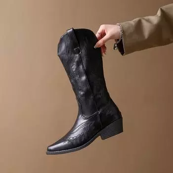 Винтажные вышитые женские ковбойские сапоги в стиле вестерн, зимние туфли на толстом каблуке, модные рыцарские сапоги с острым носком длиной до середины голени 35