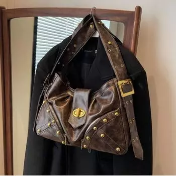 Винтажные заклепки кофейные сумки на ремне женские большой емкости сумка женская байкерская сумка-мессенджер сумка шикарная