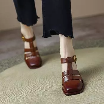 Винтажные закрытые сандалии на толстой подошве женские дышащие летние туфли с вырезами женские новые модные женские гладиаторы на высоком каблуке 36 коричневый