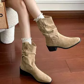 Винтажные замшевые женские ковбойские сапоги в стиле вестерн, модные туфли без застежек, осенние лаконичные полусапожки на толстом каблуке 35