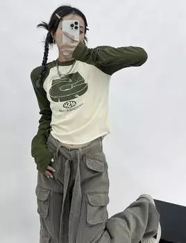 Винтажные зеленые футболки в стиле Y2K в стиле пэчворк, женские хиппи, уличная одежда, футболки с длинными рукавами, женские осенние укороченные топы в стиле ретро в стиле ретро S темно-синий