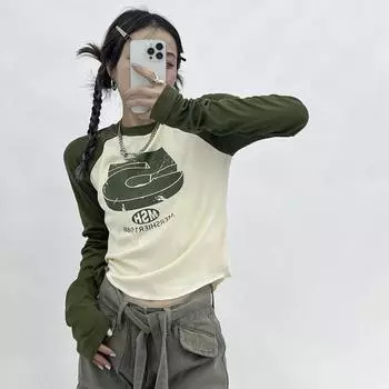 Винтажные зеленые футболки в стиле Y2K в стиле пэчворк, женские хиппи, уличная одежда, футболки с длинными рукавами, женские осенние укороченные топы в стиле ретро в стиле ретро S темно-синий