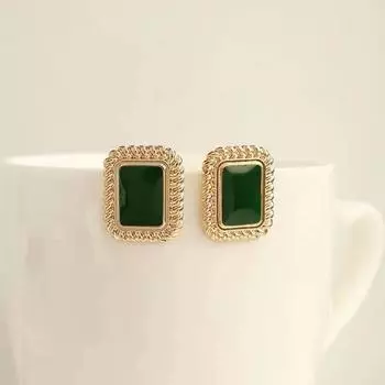 Винтажные зеленые квадратные серьги-гвоздики с геометрическим узором в стиле ретро для девочек с мягким темпераментом зелёный