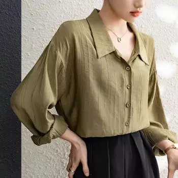 Винтажные зеленые повседневные рубашки с длинным рукавом, женские свободные модные весенне-осенние женские блузки на пуговицах, элегантные однотонные офисные простые женские рубашки 25860 S зелёный