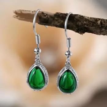 Винтажные зеленые серьги-капли для женщин, серебряные, этнические, резные, узорчатые серьги, темпераментные женские украшения зелёный/серебряный