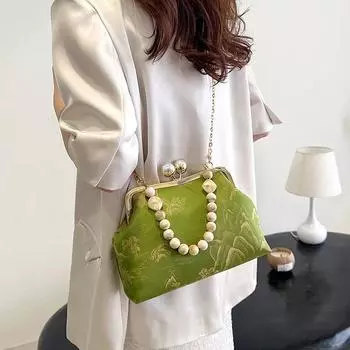 Винтажные зеленые сумки-мессенджеры для женщин, шелковые, бисерные, свадебные, клатч, ракушка, зажим, замок, цепочка, сумка через плечо, сумки и кошельки, новые