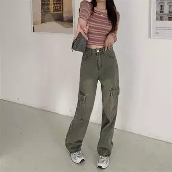 Винтажные зеленые женские джинсы, джинсовые брюки с боковым карманом, модные повседневные брюки больших размеров, свободные прямые корейские брюки с высокой талией для бойфренда S