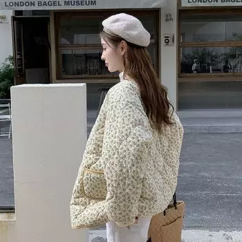 Винтажные желтые хлопковые пальто женские зимние модные цветочные принтованные свободные флисовые стеганые куртки корейские однобортные теплые верхняя одежда S