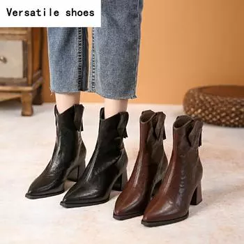 Винтажные женские ботильоны, модные туфли с острым носком и квадратным каблуком, лаконичные короткие ботильоны Largas 35