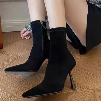 Винтажные женские ботильоны, модные туфли с острым носком, осенне-зимние туфли на высоком каблуке, элегантные женские ботильоны с эластичной подошвой и короткими ботинками 35 чёрный