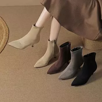 Винтажные женские ботильоны, модные туфли с острым носком, осень-зима, на высоком каблуке, женские, элегантные, эластичные, тонкие, короткие 40 чёрный