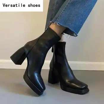 Винтажные женские ботильоны с квадратным носком, модные короткие ботильоны с застежкой-молнией сзади, осенне-зимние ботильоны Laides Concise Largas 35