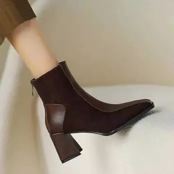 Винтажные женские ботильоны с квадратным носком, модные короткие ботильоны с молнией сзади, осенне-зимние женские лаконичные офисные туфли на толстом каблуке 35