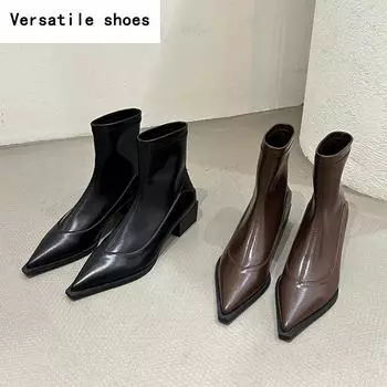 Винтажные женские ботильоны с острым носком, модные элегантные туфли из мягкой кожи, осенне-зимние женские короткие ботильоны на низком каблуке 35