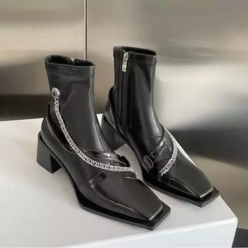 Винтажные женские ботинки челси с толстым квадратным носком на молнии, осенне-зимние женские тонкие короткие ботинки 35 чёрный