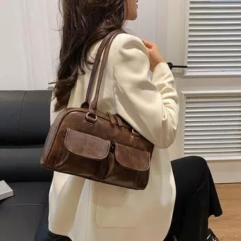 Винтажные женские деловые сумки через плечо, простые женские сумки-тоут из искусственной кожи с 2 карманами, шикарные женские сумки через плечо