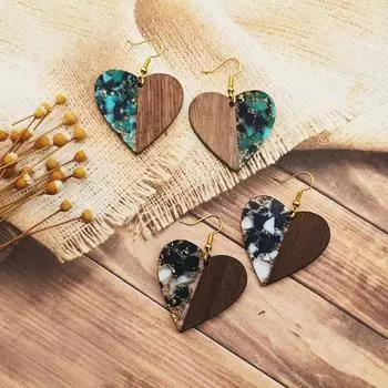 Винтажные женские деревянные серьги из смолы в форме сердца в стиле пэчворк