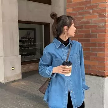Винтажные женские джинсовые рубашки свободного кроя, идеальные на весну S синий