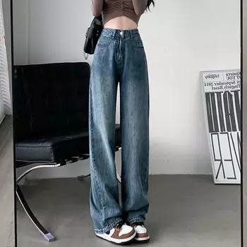 Винтажные женские джинсы с высокой талией, прямые брюки, модные мешковатые джинсовые брюки, элегантные женские новые свободные уличные повседневные длинные брюки 482 S синий