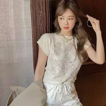 Винтажные женские футболки 2023, женские рубашки с круглым вырезом и короткими рукавами, свободные корейские летние футболки, шикарные элегантные футболки с вышивкой, топы S белый