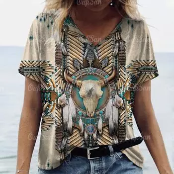 Винтажные женские футболки с 3D-принтом Harajuku Fashion V-образный вырез с коротким рукавом Oversize Top Женская футболка для женской одежды S