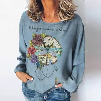 Винтажные женские футболки с буквенным принтом, футболки с длинными рукавами и рисунком стрекозы, топы, осень/зима, хлопковый пуловер, женская одежда, уличная одежда S