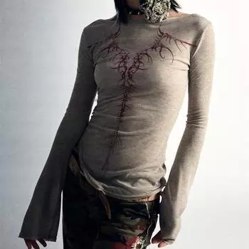 Винтажные женские футболки с длинным рукавом и круглым вырезом с принтом, модные повседневные футболки-туники, топы Y2k, корейские укороченные футболки, рубашки для женщин S