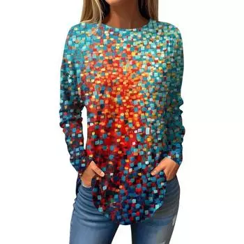Винтажные женские футболки с длинным рукавом с 3D-принтом, цветочный круглый вырез, топ для женской одежды S